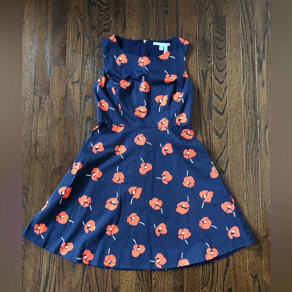 Draper James Women's 4 A-Line Navy Blue w/Orange Poppy Floral Sleeveless Dress - Picture 5 of 13
